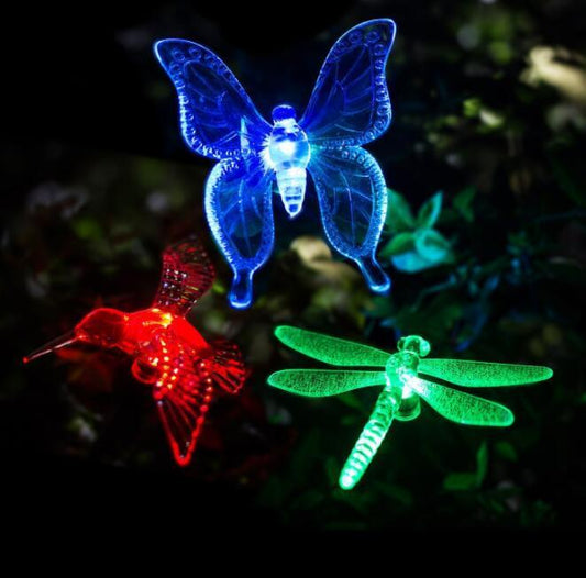 Lámpara solar LED para jardín que cambia de color con el agua, impermeable, con forma de libélula, mariposa y pájaro, ideal para decorar el jardín.